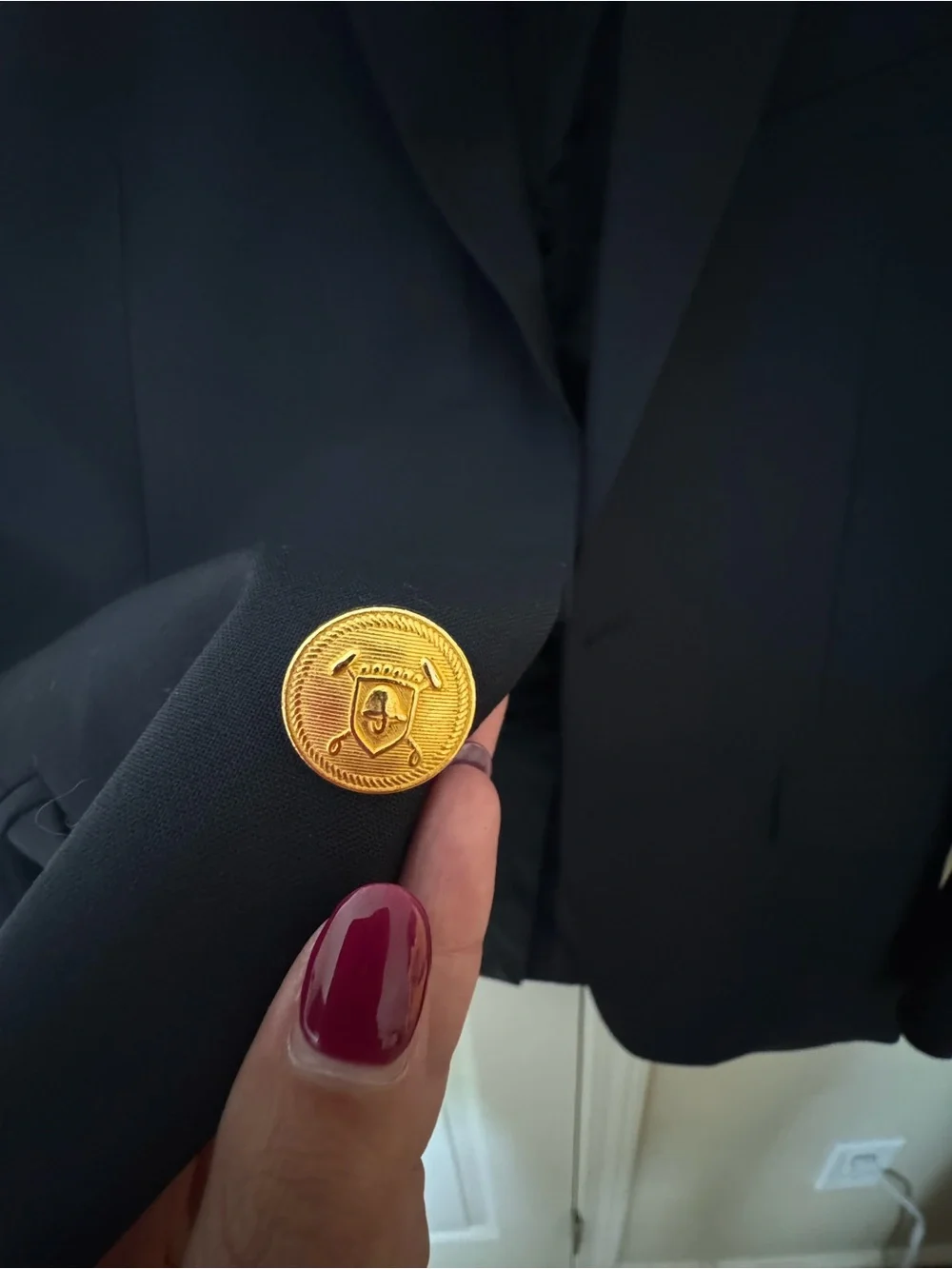 Chaps Navy Two-Button Blazer with Gold Buttons